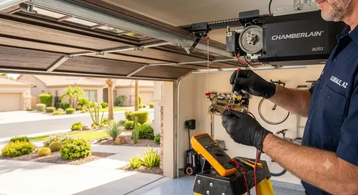 Technician repairing automatic garage door opener